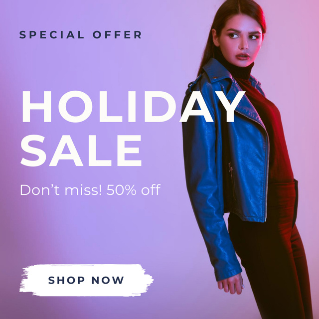 Fashion Ad with Woman in Stylish Leather Jacket Instagram Design Template