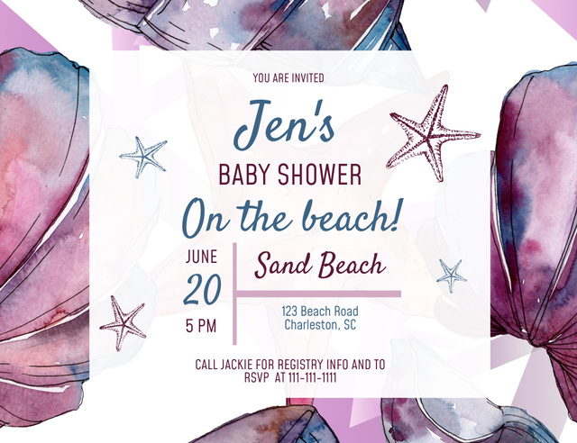Baby Shower Party Announcement on Purple Watercolor Invitation 13.9x10.7cm Horizontal Design Template