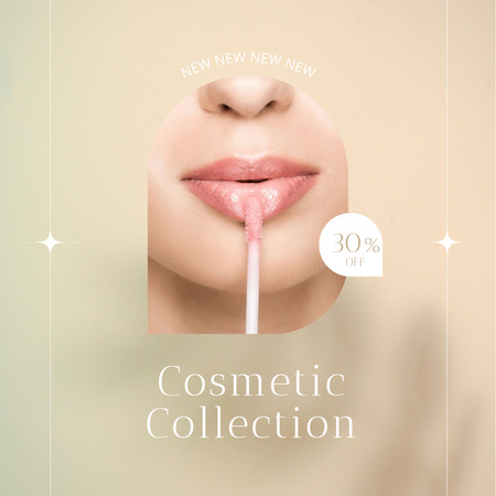 Plantilla de diseño de Nueva colección de cosméticos con mujer aplicando brillo labial Instagram 