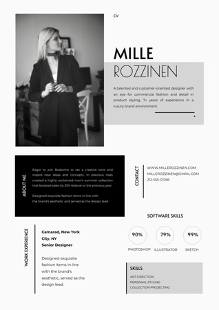 黒と白のスタイルのファッションデザイナーの履歴書 Resumeデザインテンプレート