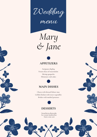 Grey and Blue Floral Illustrated Wedding Menu Design Template