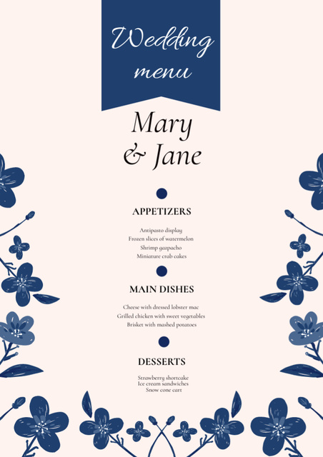 Grey and Blue Floral Illustrated Wedding Menu Design Template