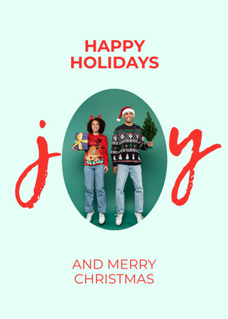 Platilla de diseño Christmas and New Year Wishes Happy Couple Postcard 5x7in Vertical
