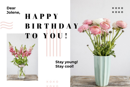 Platilla de diseño Birthday Greeting Pink Flowers in Vases Postcard 4x6in