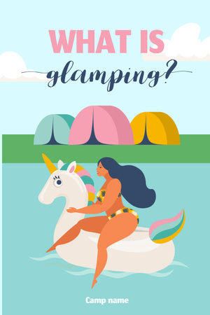 Young Woman Relaxing on Inflatable Unicorn in Pool Pinterest Design Template