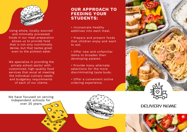 School Food Ad with Lunch Boxes And Approach Description Brochure Din Large Z-fold – шаблон для дизайну