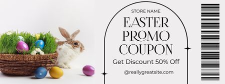 Easter Promotion with Fluffy Easter Rabbit with Basket of Dyed Easter Eggs Coupon Design Template