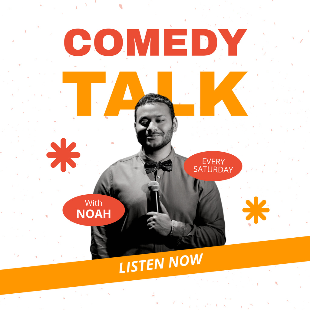 Comedy Talk Announcement with Performer holding Microphone Podcast Cover Design Template