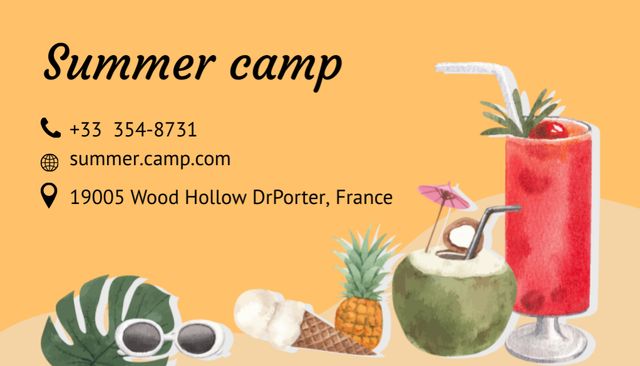 Summer Camp Contact Details Business Card US Πρότυπο σχεδίασης