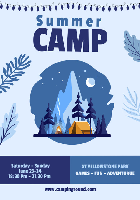 Summer Camp Announcement with Camping in Forest Poster 28x40in Tasarım Şablonu