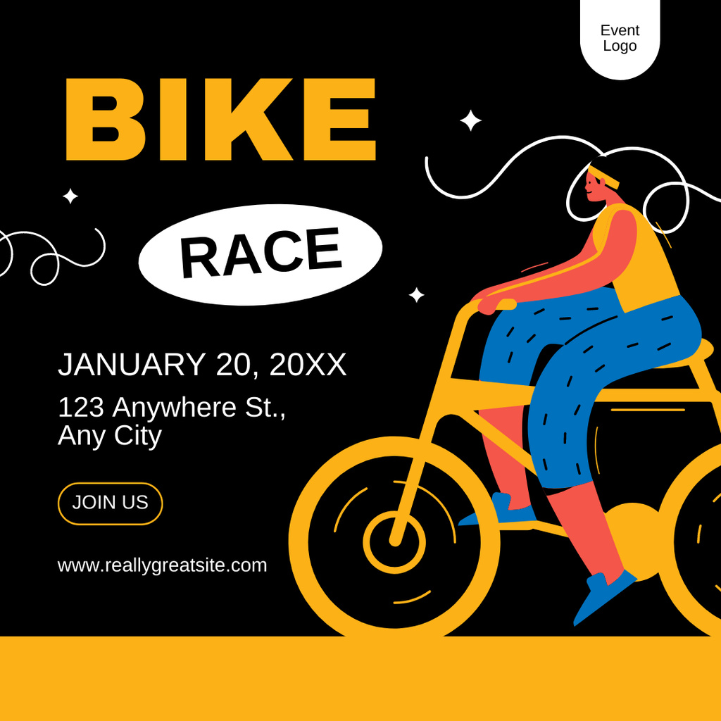 Plantilla de diseño de Bicycle Race Announcement on Black and Yellow Instagram AD 