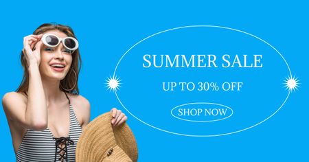 Ontwerpsjabloon van Facebook AD van Summer Sale Announcement with Stylish Young Woman in Swimsuit