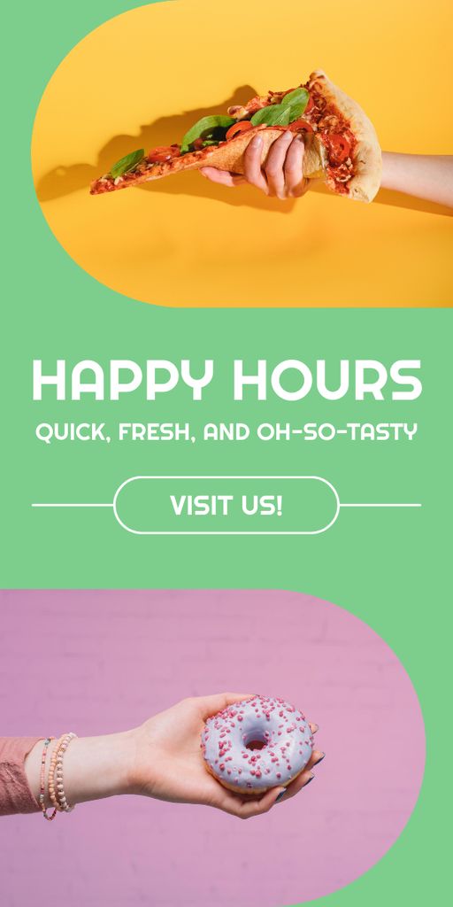 Ad of Happy Hours with Donut and Pizza in Hands Graphic Modelo de Design