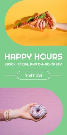 Anúncio de Happy Hours com Donut e Pizza nas Mãos Graphic Modelo de Design