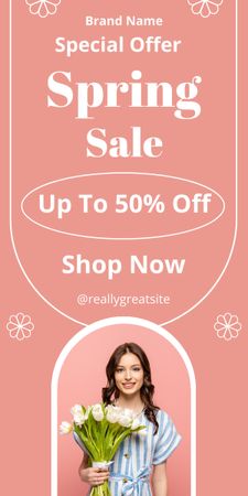 Spring Sale with Young Woman with Tulips Graphic Design Template