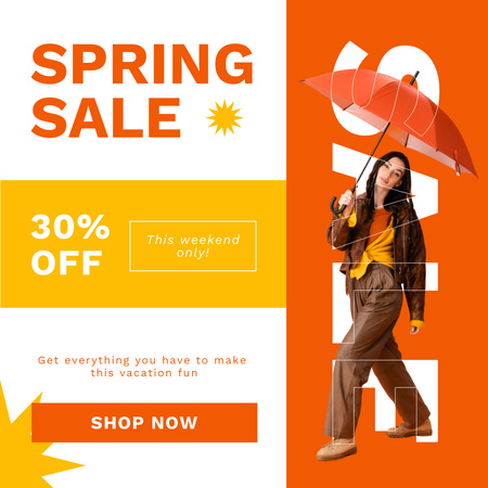 Spring Sale Announcement with Woman with Umbrella Instagram AD Design Template