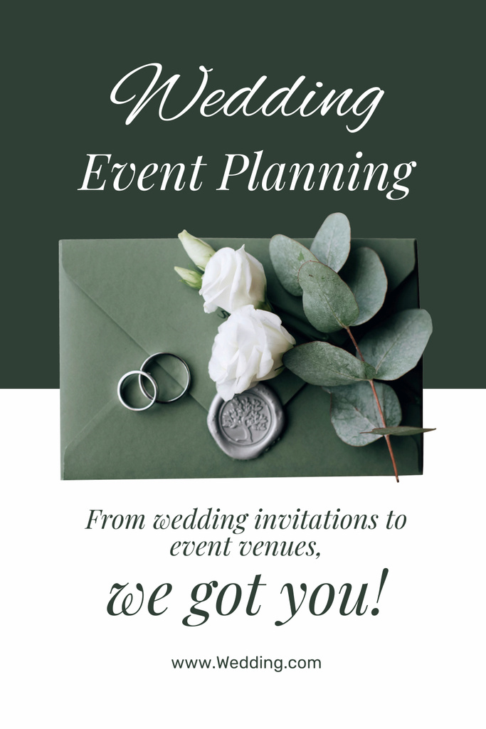 Wedding Planning Services with Green Envelope Pinterest Tasarım Şablonu