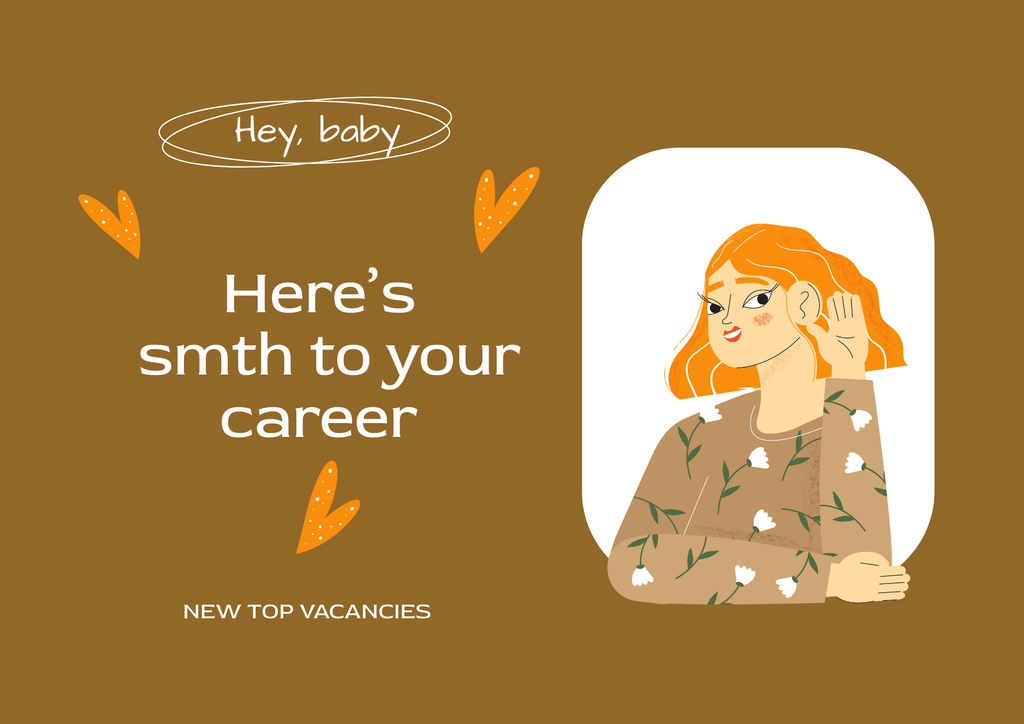 Vacancy Ad with Cute Woman Listening and Illustration of Orange Hearts Poster B2 Horizontal – шаблон для дизайну