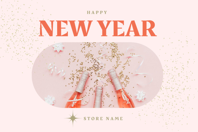 Awesome New Year Holiday Greeting with Sparkling Wine In Pink Postcard 4x6in Design Template