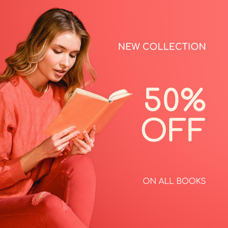 Books Sale Announcement with Woman in Red Outfit Instagram Design Template