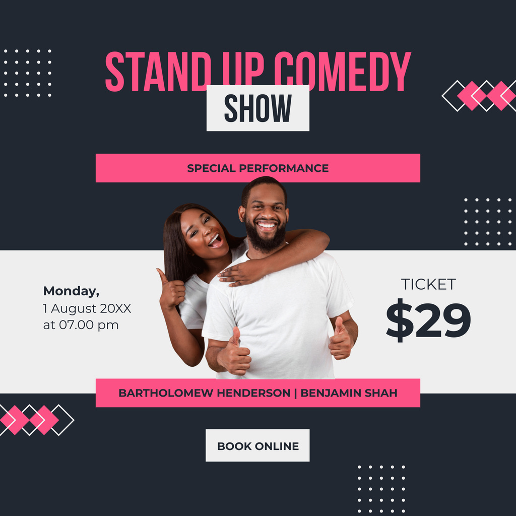 Stand-up Comedy Show Promo with Smiling Young Couple Podcast Cover Tasarım Şablonu