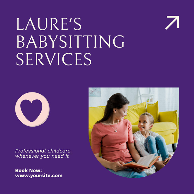 Advertisement for Babysitting Service with Purple Heart Instagram Design Template