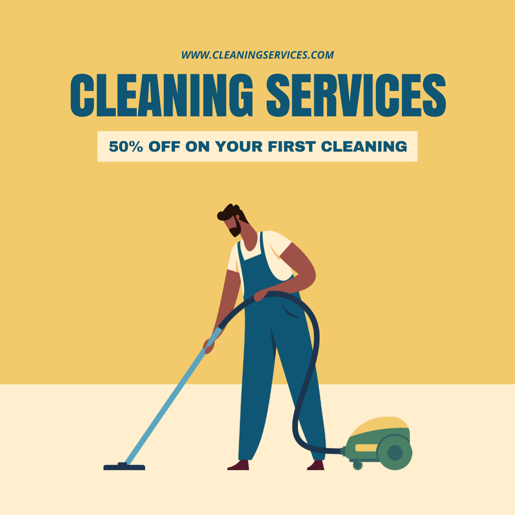 Man with Vacuum Cleaner for Cleaning Services Offer Instagram AD Šablona návrhu