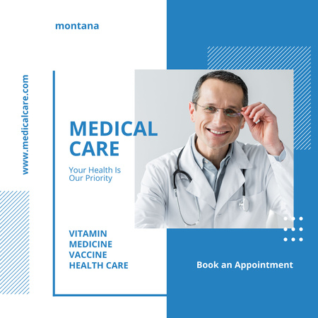 Medical Care Ad with Mature Doctor Animated Post Design Template