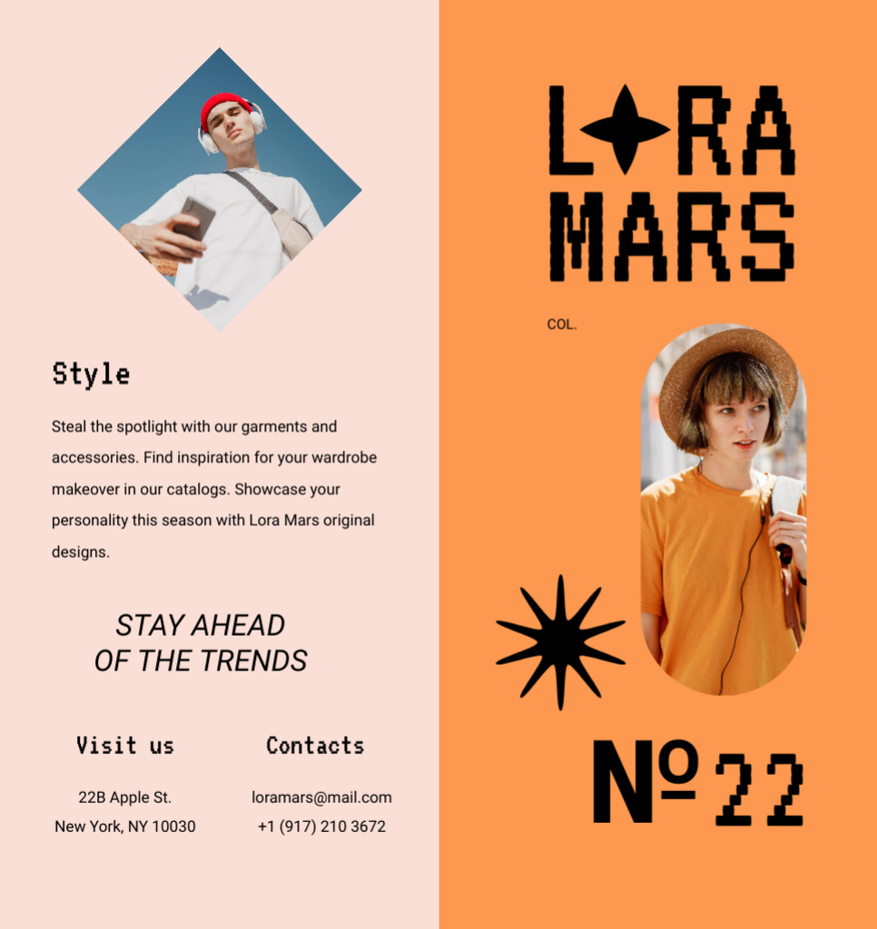 Fashion Ad with Stylish Young People on Orange Brochure Din Large Bi-fold – шаблон для дизайну