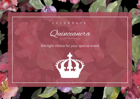 Plantilla de diseño de Celebración vibrante de quinceañera con corona y flores de acuarela Flyer A6 Horizontal 