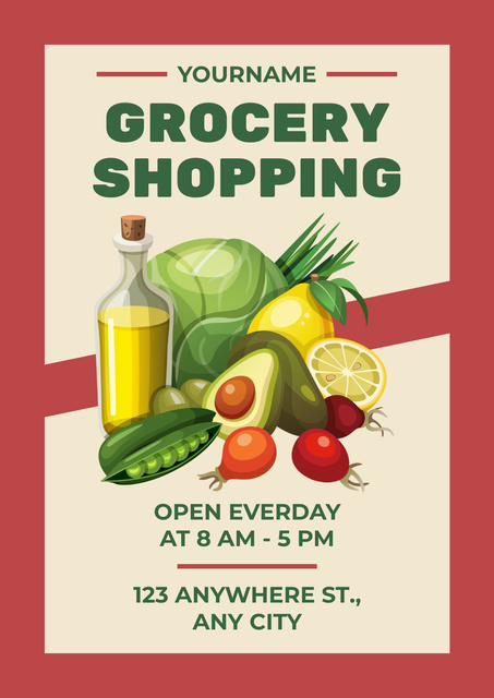 Shopping In Grocery Everyday With Illustration Poster Design Template