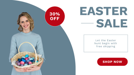 着色された卵が付いているバスケットを保持している笑顔の女性とイースター セール広告 FB event coverデザインテンプレート