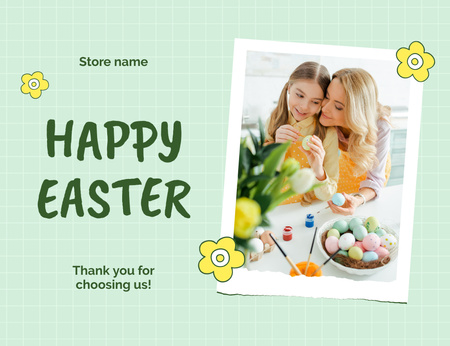 Kiitosviesti, jossa lapsi ja äiti maalaavat pääsiäismunia Thank You Card 5.5x4in Horizontal Design Template