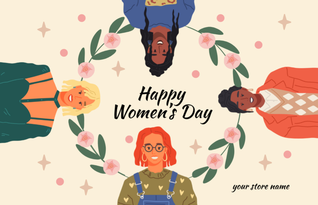 Women's Day Greeting with Illustration of Happy Women Thank You Card 5.5x8.5in Šablona návrhu