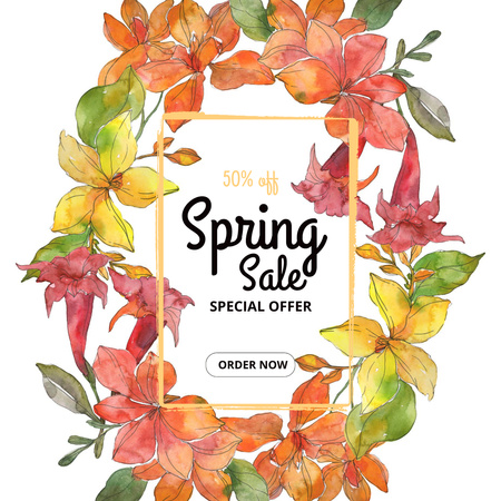 Spring Sale Announcement with Watercolor Floral Pattern Instagram AD Design Template