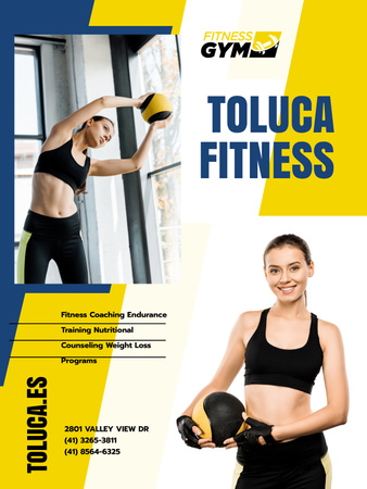 Designvorlage Angebot zur Anmeldung im Fitnessstudio mit Ausrüstung für Poster US