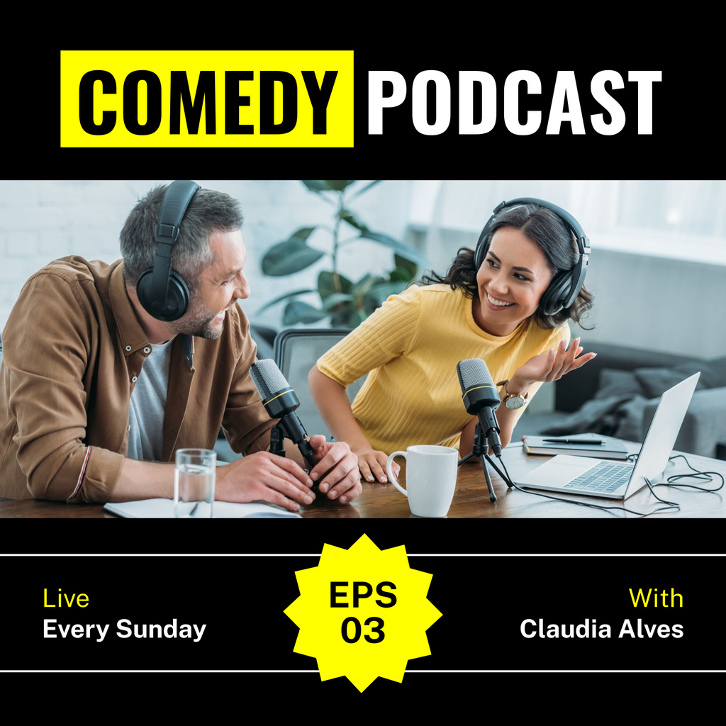 Announcement of Comedy Episode with People in Broadcasting Studio Podcast Cover Tasarım Şablonu