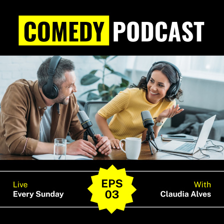 Announcement of Comedy Episode with People in Broadcasting Studio Podcast Cover Design Template