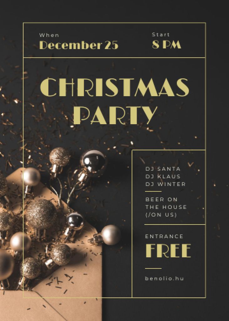 Christmas Party Invitation Shiny Golden Baubles Flayer Modelo de Design
