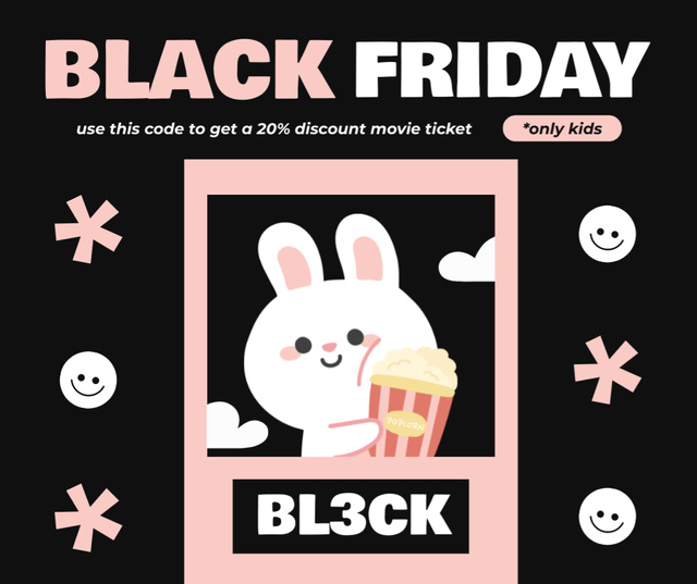 Black Friday Discounts on Movie Tickets for Kids Facebook Design Template
