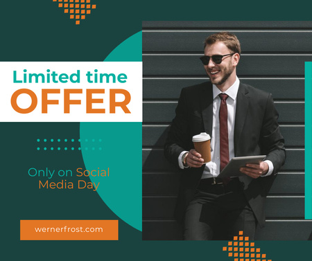 Social Media Day Offer Businessman with Tablet and Coffee Facebook Design Template