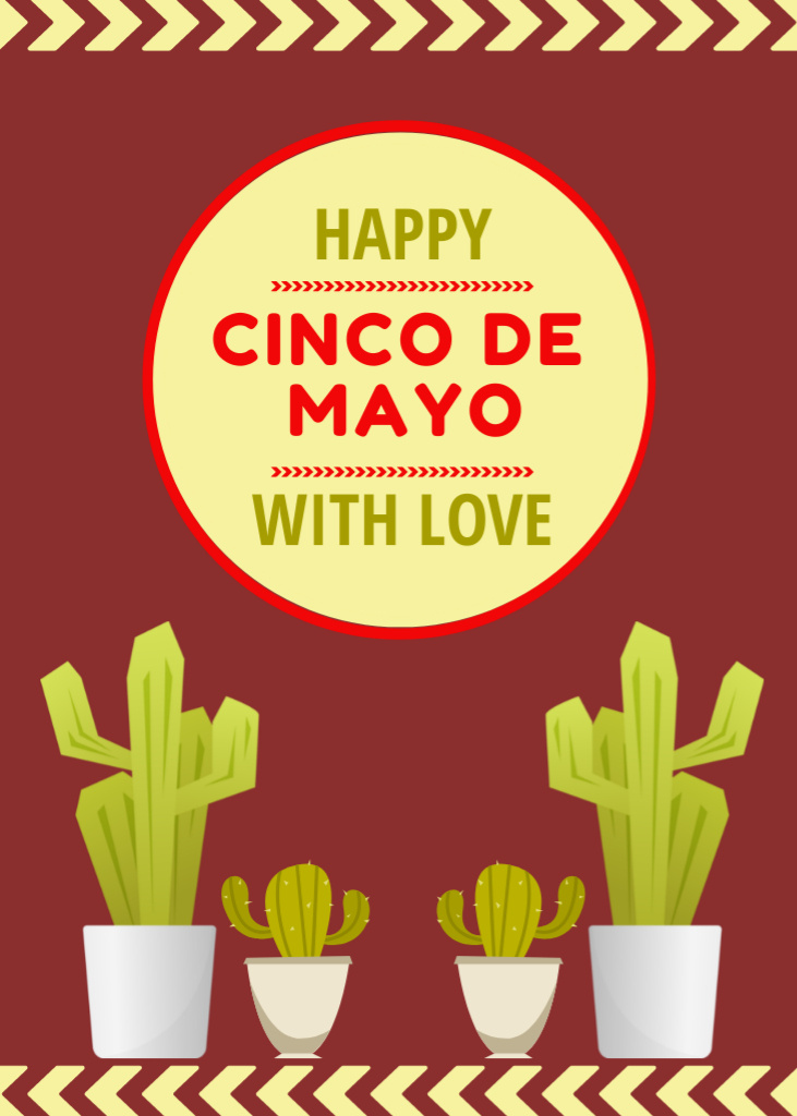 Happy Cinco De Mayo Greetings With Cacti And Love In Red Postcard 5x7in Vertical Πρότυπο σχεδίασης