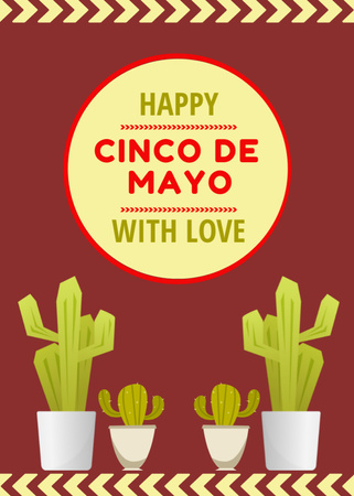 Happy Cinco De Mayo Greetings With Cacti And Love In Red Postcard 5x7in Vertical Design Template