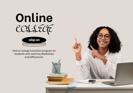 Designvorlage Online-College-Bewerbung mit einer Studentin per Schreibtisch für Flyer A5 Horizontal