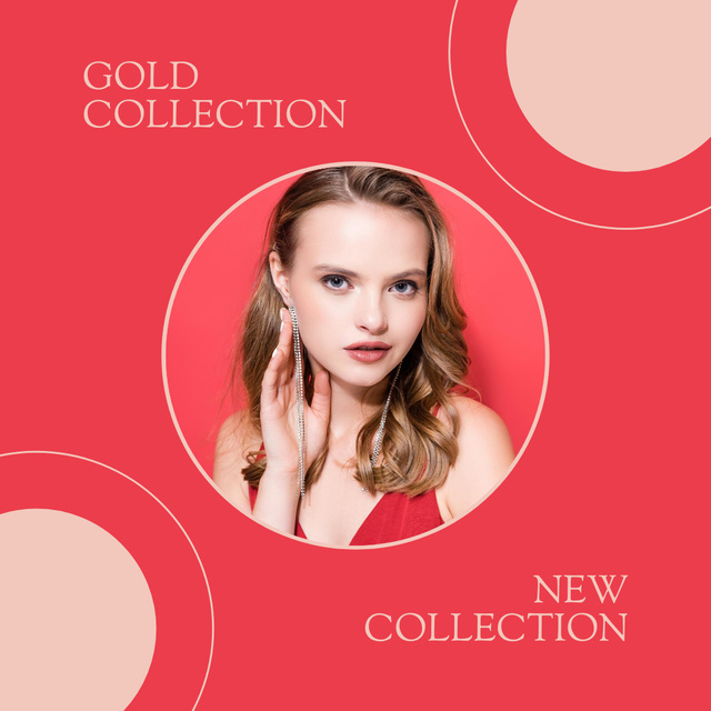 Gold Jewelry Collection Announcement with Stylish Woman Instagramデザインテンプレート