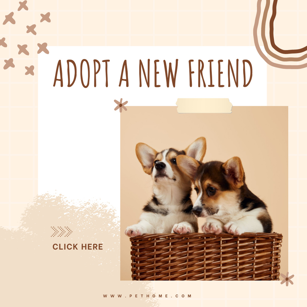 Pets Adoption Ad with Cute Puppies in Basket Instagram ADデザインテンプレート
