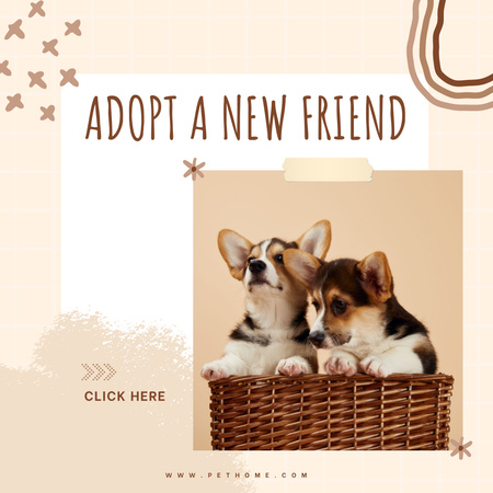 Pets Adoption Ad with Cute Puppies in Basket Instagram AD Πρότυπο σχεδίασης