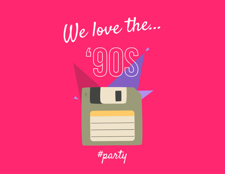 90s Party Announcement with Old Diskette In Pink Flyer 8.5x11in Horizontal Design Template