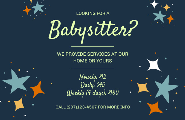 Babysitting Services with Bright Stars Illustration Flyer 5.5x8.5in Horizontal – шаблон для дизайна