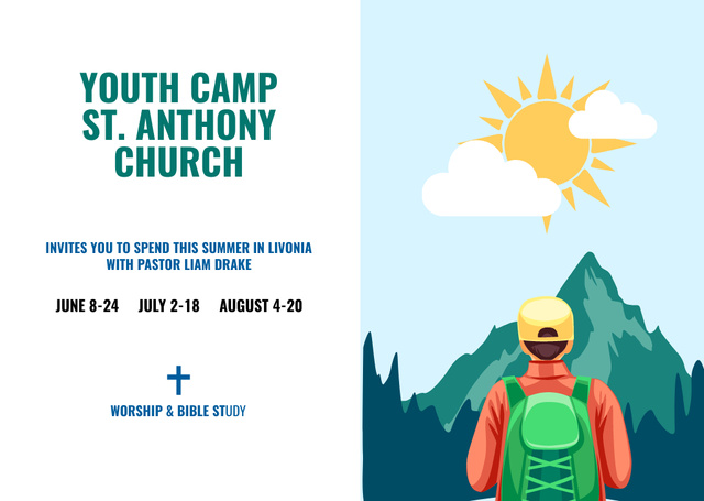 Summer Youth Church Camp Announcement With Mountains Landscape Flyer A6 Horizontal Πρότυπο σχεδίασης